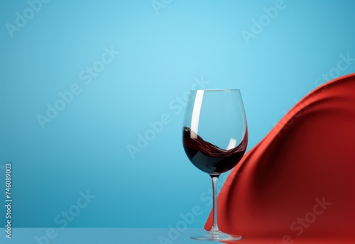 a glass of red wine sitting on a table next to a red cloth on top of a blue tablecloth.