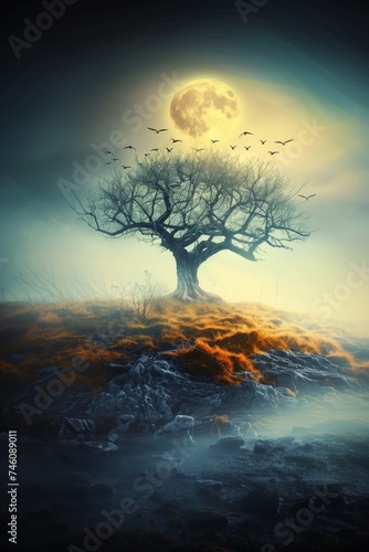 Surreal moonlit night scene with lone tree and birds