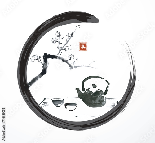 Ink wash painting with a blossoming sakura branch over a teapot and cups. Traditional tea ceremony scene in black enso zen circle. Oriental ink painting sumi-e, u-sin, go-hua. Hieroglyph - tea