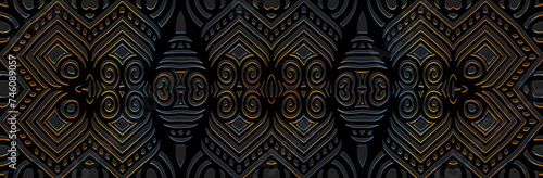 Banner, tribal fantasy unique cover design. Relief geometric ethnic 3D pattern on a black background. Vintage art, exoticism of the East, Asia, India, Mexico, Aztec, Peru.