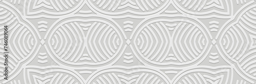 Banner, tribal ornamental linear cover design. Relief geometric ethnic 3D pattern on a white background. Vintage art, exoticism of the East, Asia, India, Mexico, Aztec, Peru.