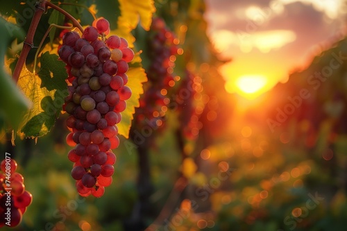 A picturesque vineyard at sunset with clusters of ripe grapes ready for harvest, embodying abundance