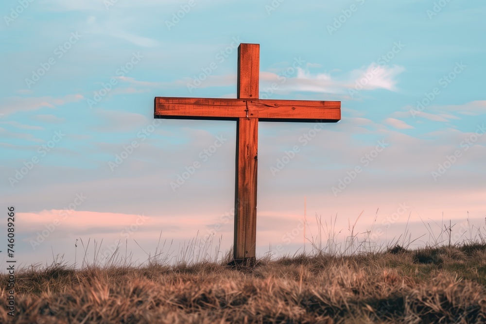 Wooden cross against a serene sky at twilight Wooden cross against a serene sky at twilight