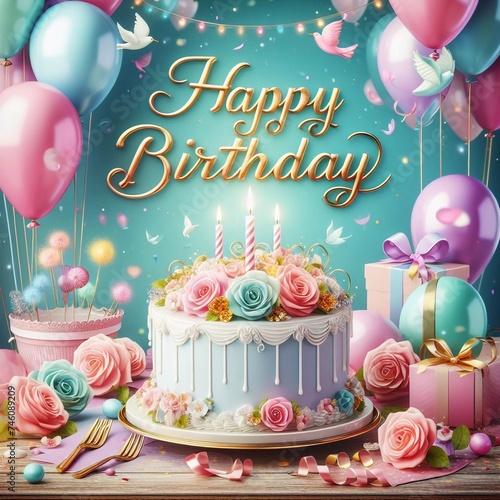 Happy birthday decoration table concept with a cake and balloons