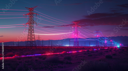 Neon Power Grid: Electric Towers at Sunset with Dynamic Light Trails in a Desert Landscape. High quality photo