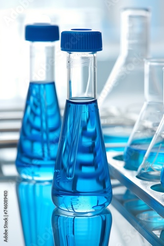 Blue liquid in laboratory flasks for scientific research