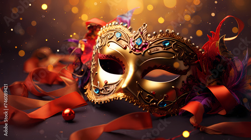 Still life of colorful carnival beads and masks, vibrant background © ma