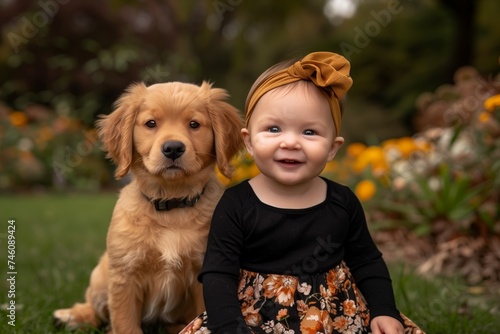 Smiling child with a golden retriever in a colorful autumn park