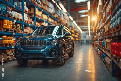 A luxury SUV parked elegantly in the spacious aisle of a modern automotive parts warehouse