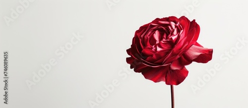 A striking red rose stands out against a pure white background. The vibrant color of the rose contrasts beautifully with the simplicity of the background  creating a visually appealing composition.