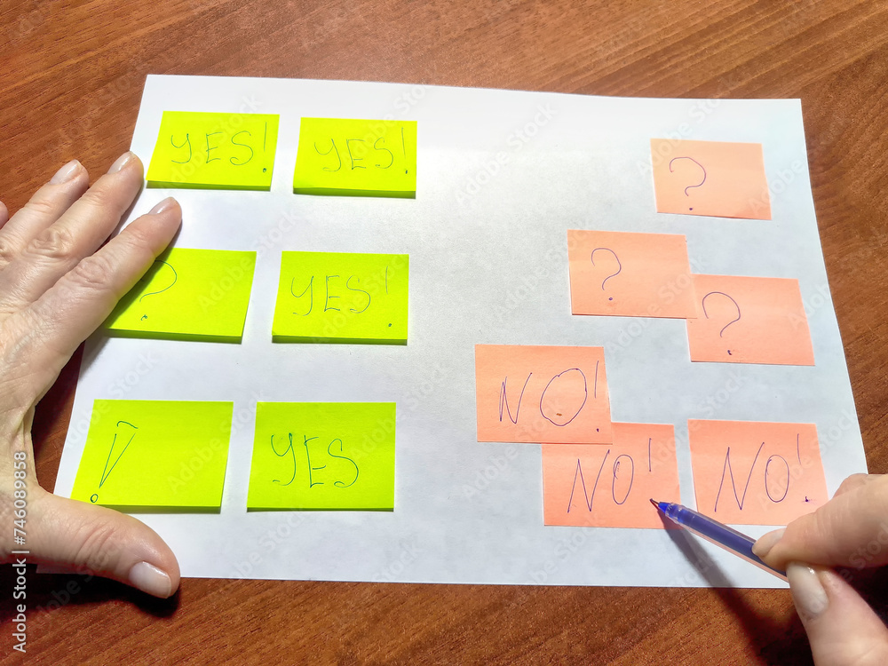 Decision-Making Process With Sticky Notes on Table. A person is evaluating options using green and red sticky notes, question mark notes. Brainstorming session or planning activity Decision-Making Process With Sticky Notes on Table. A person is evaluating options using green and red sticky notes, question mark notes. Brainstorming session or planning activity
