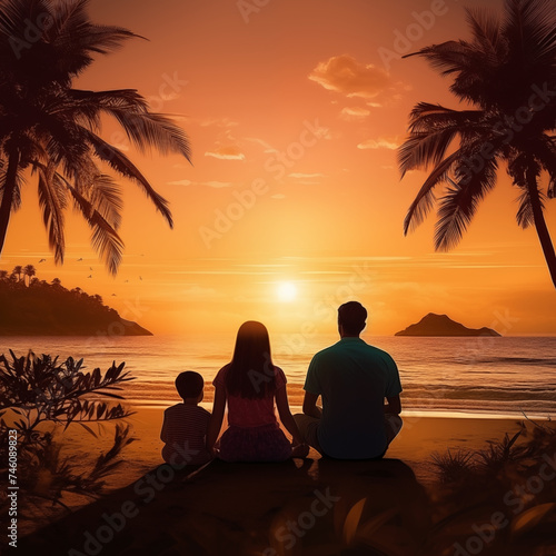 Family sitting on beach at sunset © Kokhanchikov