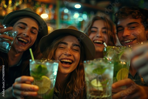 group of people drinking cocktails in bar