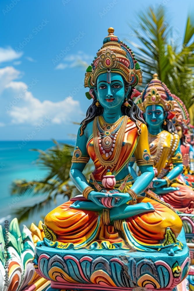 Colorful Hindu deity statues against a tropical backdrop