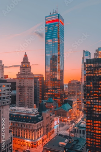 Urban skyline with illuminated buildings at twilight