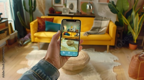 Una persona usando en su teléfono móvil una aplicación de realidad aumentada en el interior de una casa. Concepto de tecnología. Generada por IA.