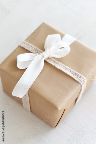 Elegant gift wrapped in brown paper with white ribbon