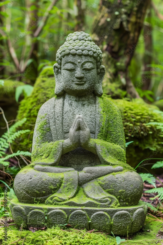 Moss-covered Buddha statue in a tranquil forest setting