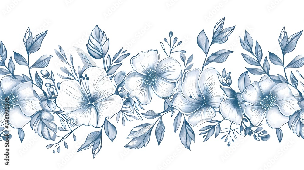 Fototapeta premium Hand drawn flower continuous. Spring flower with leaves. Botanical decorative drawing element