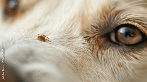 A photo of a small tick on the white fur of an animal, a parasite insect on a dog's muzzle near the eye photo