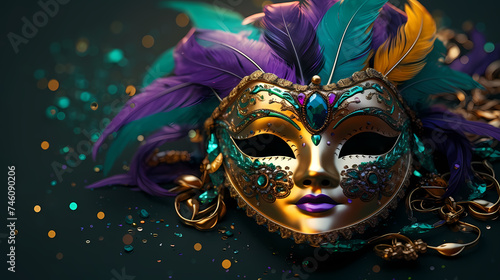 Still life of colorful carnival beads and masks, vibrant background © ma