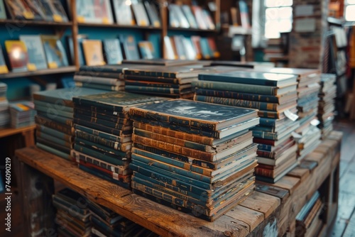 A pile of old, hardcover books stacked on a rustic wooden table within a dimly lit bookstore setting