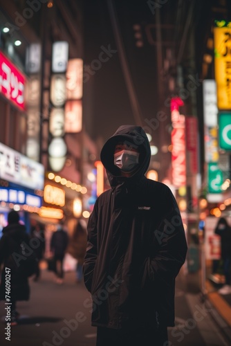 Hooded person in urban night setting with neon lights