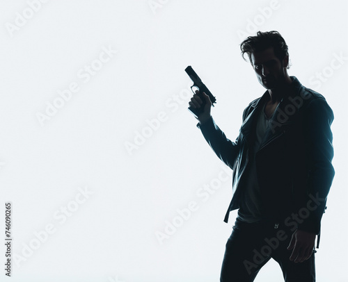 Silhouette of a tough man holding a gun. Isolated white background with copy space. Private detective. Investigator. Mystery, thriller, action packed pose. Back light.