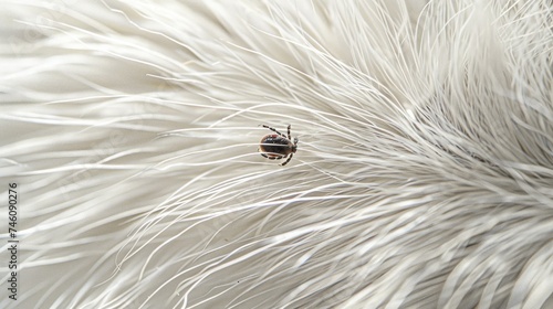 Photo of a small tick on the white coat of an animal, an insect parasite on dog hair
