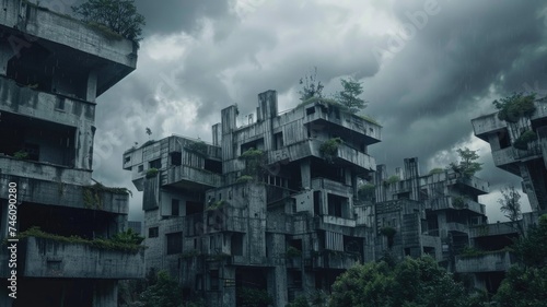 dystopian vision of a deserted brutalist city, with overgrown vegetation reclaiming the stark concrete structures under a stormy sky