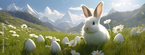 A serene meadow with a whimsical white rabbit and eggs. Amidst a backdrop of majestic mountains, a fantasy scene unfolds with Easter bunny and symbols of rebirth.