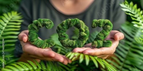 Eco Awareness in Our Hands: Holding the Green Essence of CO2 Amidst the Lush Foliage, Generative AI