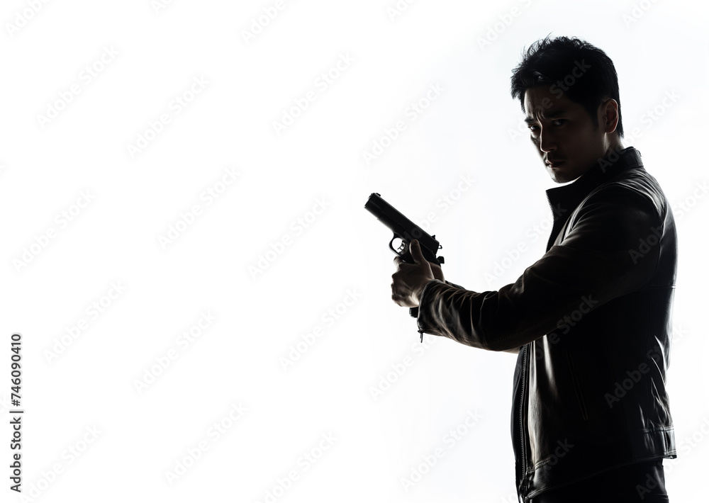 Silhouette of a tough asian man holding a gun. Isolated white background with copy space. Private detective. Investigator. Mystery, thriller, action packed pose. Back light. Silhouette of a tough asian man holding a gun. Isolated white background with copy space. Private detective. Investigator. Mystery, thriller, action packed pose. Back light.
