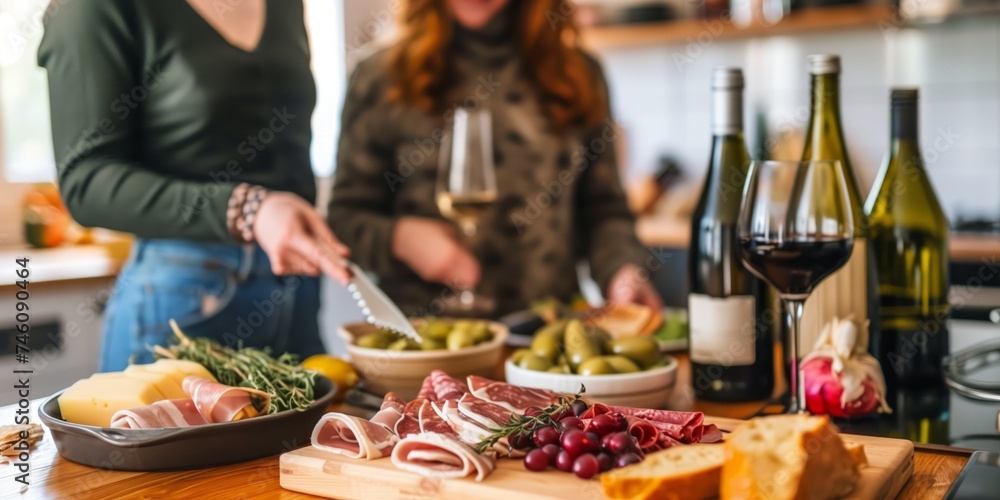 Friends enjoying a gourmet wine and charcuterie evening Friends enjoying a gourmet wine and charcuterie evening