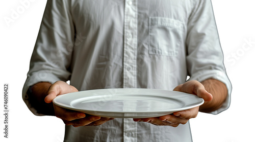 Waiter Holding an Empty Tray on Transparent Background photo