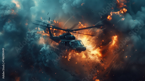 A helicopter engulfed in a massive explosion mid-air with debris.