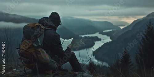Solitary hiker reading a map on a scenic mountain trail