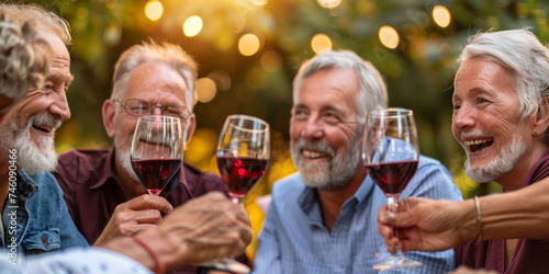 Group of joyful seniors toasting with red wine outdoors