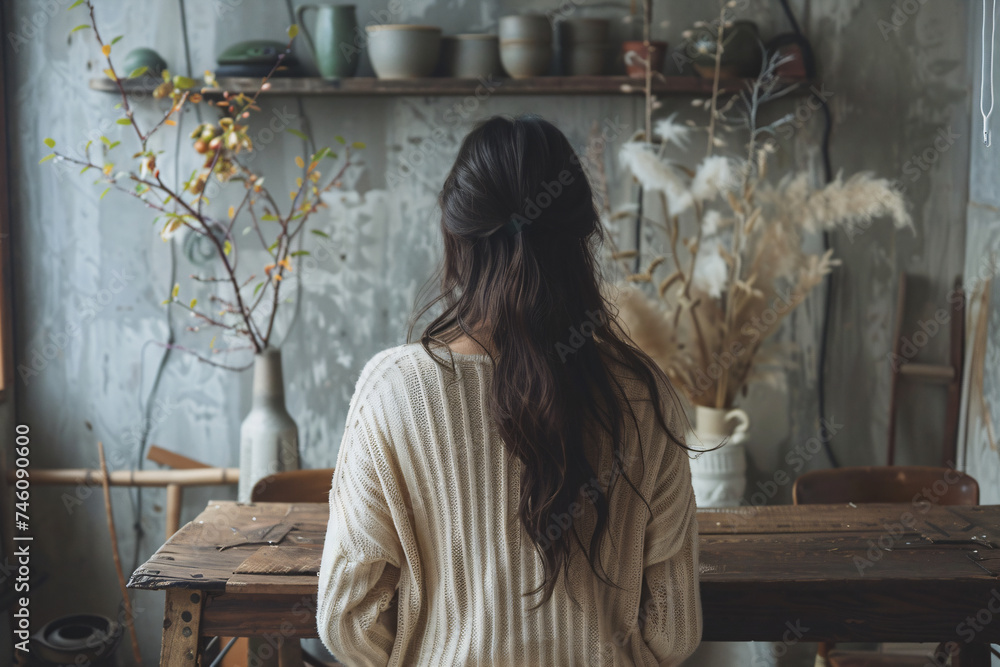 Fototapeta premium Woman in a cozy sweater sitting at a rustic wooden table. Home comfort and autumn mood concept for design and print