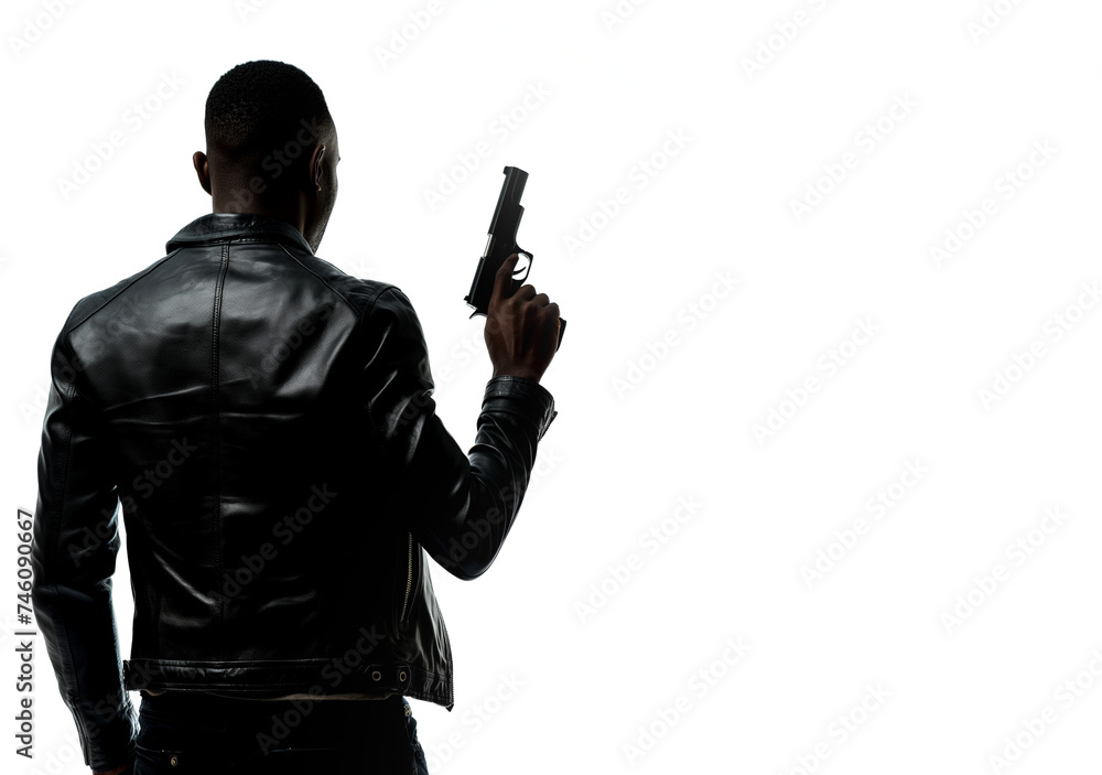 Silhouette of a tough black man holding a gun. Isolated white background with copy space. Private detective. Investigator. Mystery, thriller, action packed pose. Back light. African american man. Back Silhouette of a tough black man holding a gun. Isolated white background with copy space. Private detective. Investigator. Mystery, thriller, action packed pose. Back light. African american man. Back