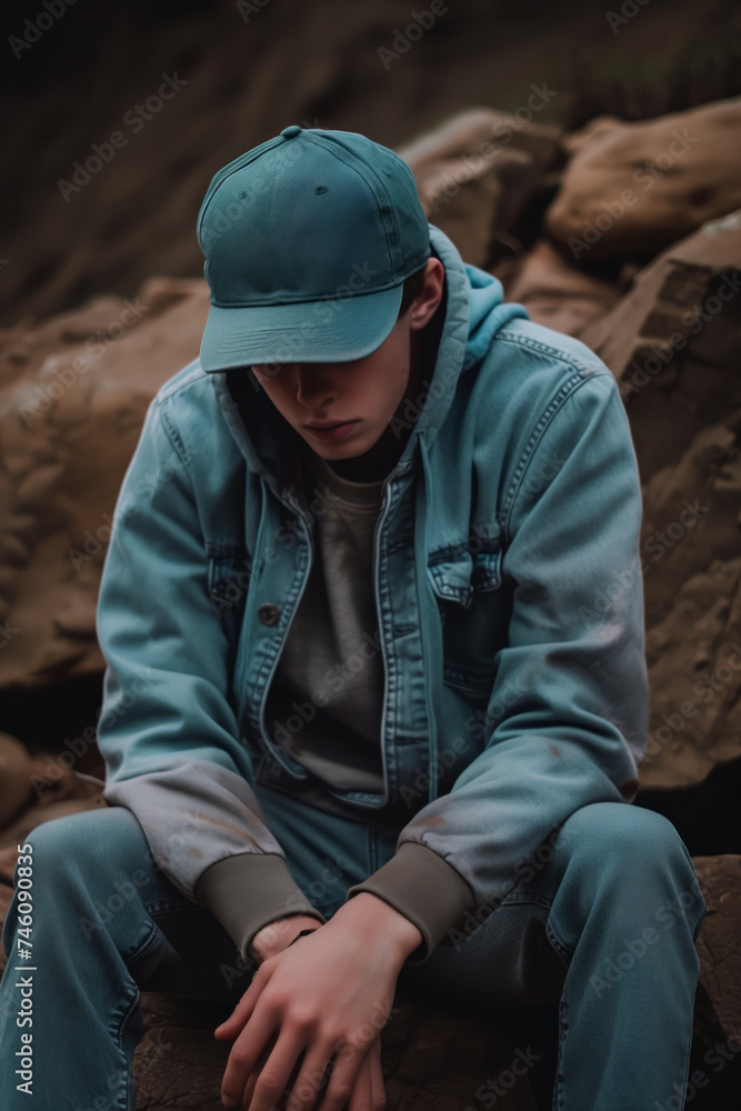Pensive young man in baseball cap sitting outdoors