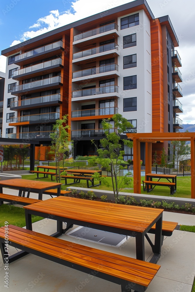 Modern apartment building with outdoor seating area