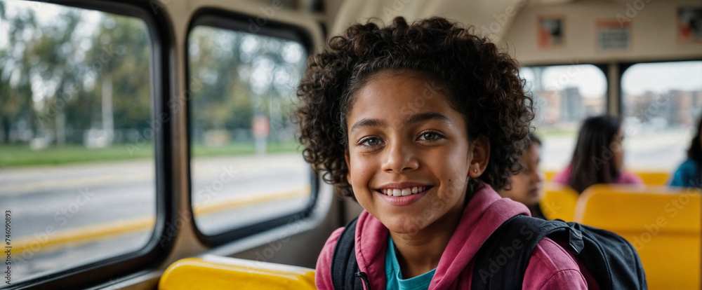© august.columbo - joyful mixed race young girl sit on school bus , with backpack, classmates sitting in the background © august.columbo - joyful mixed race young girl sit on school bus , with backpack, classmates sitting in the background