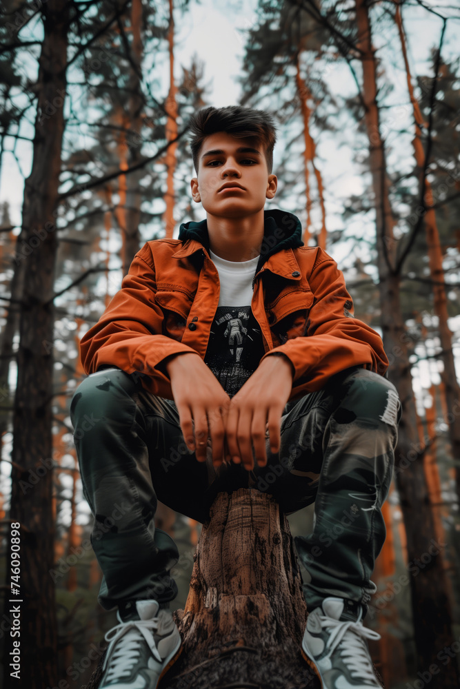 Young man sitting on tree trunk in forest Young man sitting on tree trunk in forest