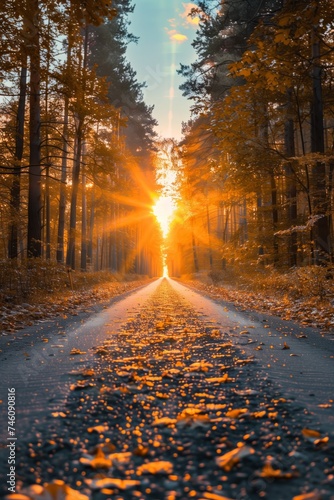 Sunset road with autumn leaves in forest setting
