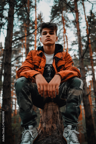 Young man sitting on tree trunk in forest