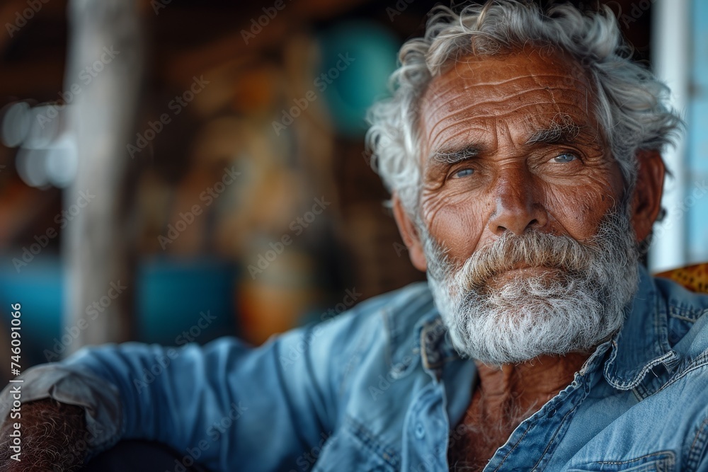 An older man with visible tattoos, lost in thought, sitting in a rustic themed space with a contemplative ambiance An older man with visible tattoos, lost in thought, sitting in a rustic themed space with a contemplative ambiance