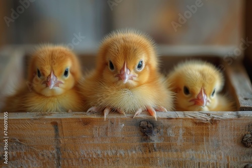 A trio of cute ducklings cluster together on a wooden surface, exuding warmth and togetherness © svastix