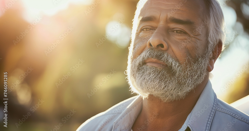 Portrait of mature elderly man with beard, close up with serious expression, standing outside - obrazy, fototapety, plakaty 