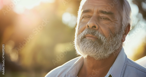 Portrait of mature elderly man with beard, close up with serious expression, standing outside